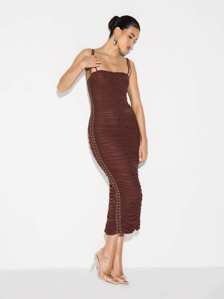 KIZN Ruched Mesh Corset Midi Dress With Side Slit