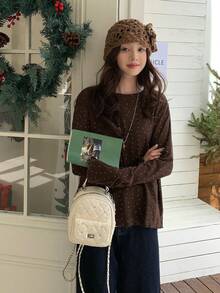 DAZY 女士休闲爱心印花圆领长袖T恤，春秋季 - 咖啡棕 - 查看 5