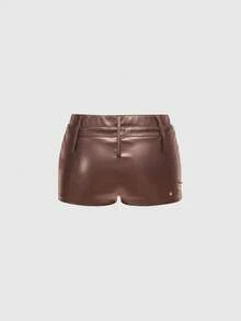 ROMWE Grunge Punk 朋克风金属铆钉性感超低腰紧身PU皮迷你短裤 - 咖啡棕 - 查看 2