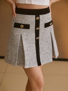 MOTF PREMIUM CONTRAST TWEED & VELVET FOLD PLEATED MINI SKIRT, AUTUMN/WINTER - White - View 5