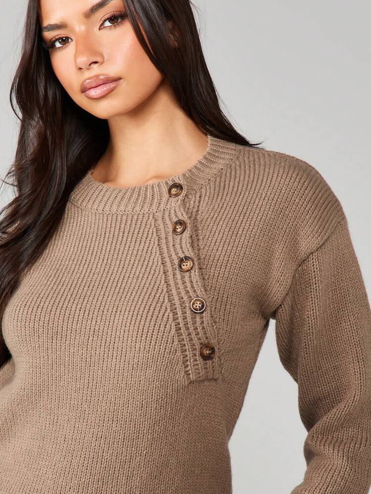 MISSGUIDED Ribbed Knit Crew Neck Sweater With Button Detail Long Sleeve Fall Winter Casual Pullover