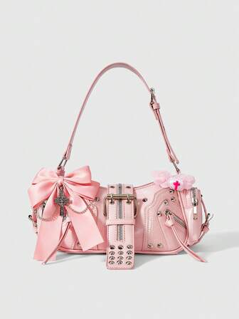 Grunge Punk حقيبة كتف كاجوال للنساء مزينة بالفيونكة