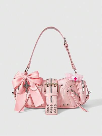 Grunge Punk Bolso de hombro casual para mujer con decoración de lazo