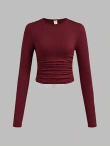 SHEIN Girlism Bộ 3 áo thun tay dài cổ tròn màu trơn cho bé gái tuổi teen - Màu Đỏ Sâu - Xem 5