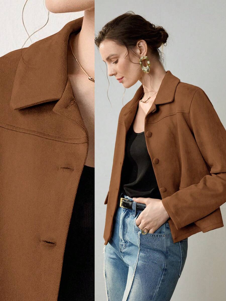 Uhlyne 女士复古经典硬币图案优雅休闲西装外套，带假口袋和纽扣，简约通勤夹克 - 卡其色 - 查看 1