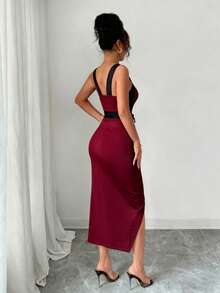 Rafferiza 不对称修身蝴蝶结通勤简约风格连衣裙，女士，春夏款 - 酒紅色 - 查看 2