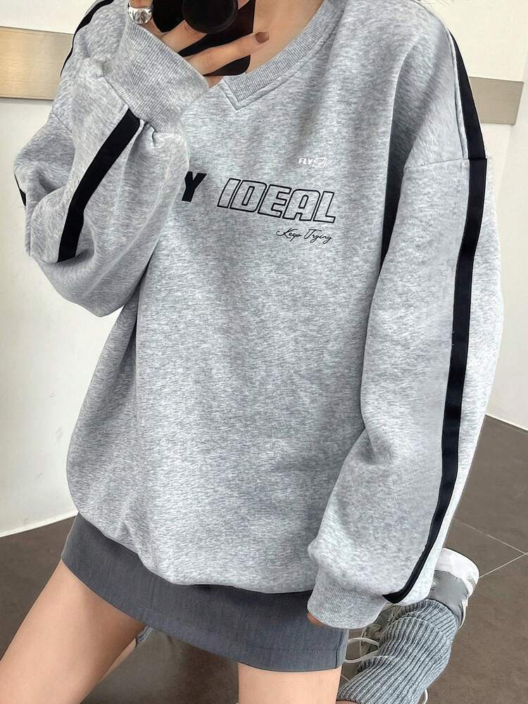 Letter & Side Stripe Print V-Neck Casual Sweatshirt