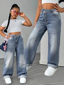 SHEIN Explorewe 少女休闲水洗不对称腰直筒牛仔裤 - 中等水洗藍 - 查看 3