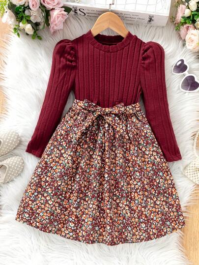 Young Girl Casual Floral Patchwork Gigot Sleeve Dress, Autumn