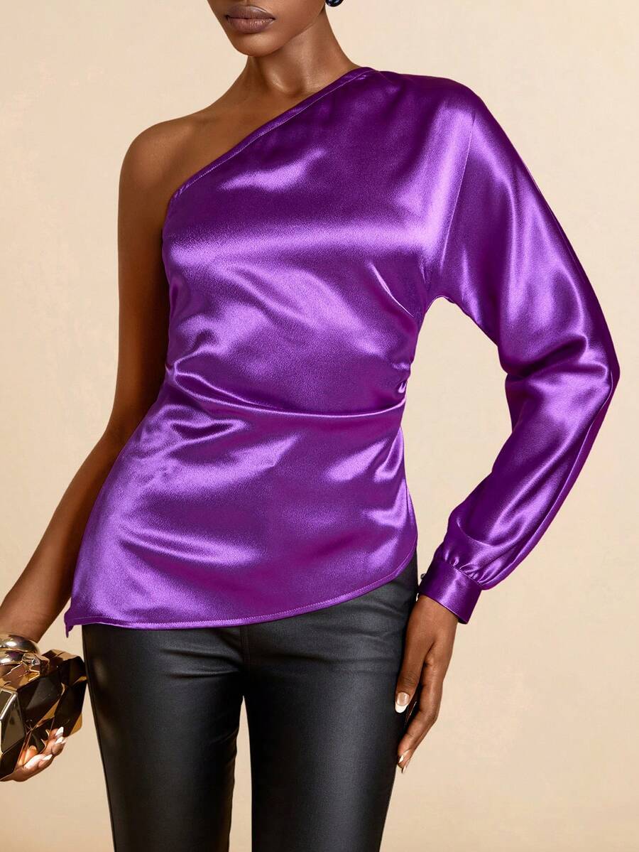 Lyxana Women's Solid Color Pleated Elegant Asymmetric Shoulder Long Sleeve Blouse - Purple - View 1