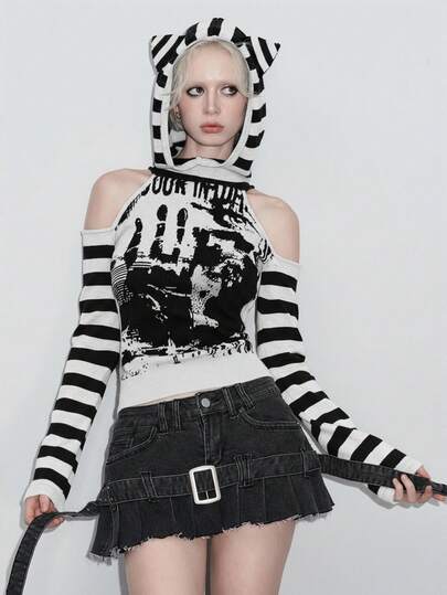 Kawaii Maglione corto da donna con maniche a lanterna, spalle scoperte e decorazione con laccetti ai polsi