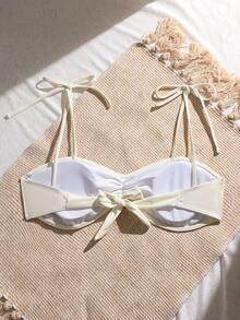 Swim Mod 女士水溶性蕾丝边饰度假优雅沙滩夏季2026奶油色系带露肩比基尼上衣 - 米色 - 查看 3