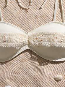 Swim Mod 女士水溶性蕾丝边饰度假优雅沙滩夏季2026奶油色系带露肩比基尼上衣 - 米色 - 查看 6