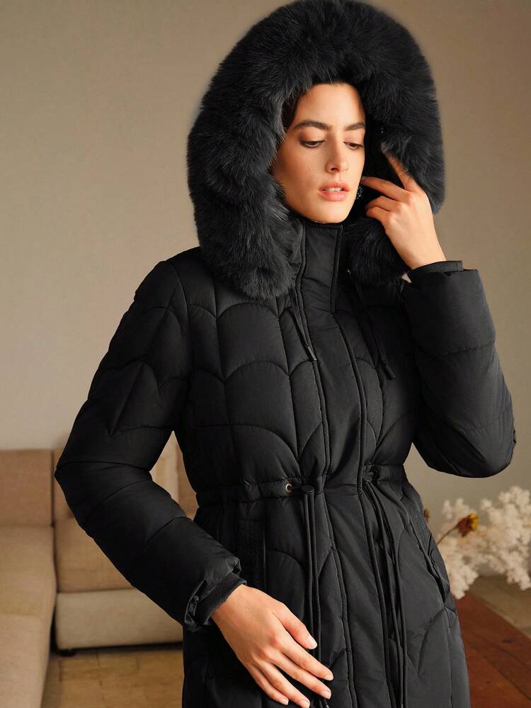 Women's Elegant Coffee-Colored Mid-Length Square Quilted Hooded Fur Collar Cinched Waist Zip-Up Padded Coat