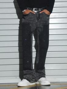 PAVTROS Men's Fashionable American Washed Shadow Rhinestone Embellished Flared Jeans Glitter Jeans - Grey - View 4