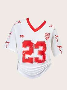 SHEIN 2件套少女粉色蝴蝶结字母V领黑色宽松T恤和粉色V字褶裙套装，甜美可爱 - 紅色 - 查看 8