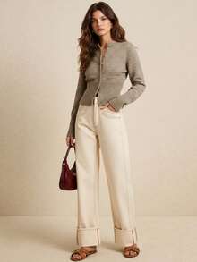 Poéselle 短款修身前扣纯色长袖简约休闲针织开衫、毛衣、短款女式毛衣、女式毛衣、针织毛衣、冬季女装、秋季女装、FW24