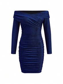 Ellevyn 女士优雅性感露肩褶皱曲线闪亮派对连衣裙 - 寶藍色 - 查看 5