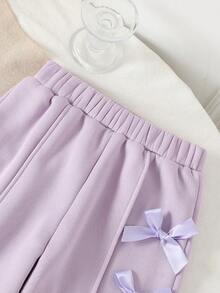 Genkimix Kids 两件套女童时尚灰色圆领长袖上衣和阔腿裤，饰有蝴蝶结，秋冬季 - 紫色 - 查看 3