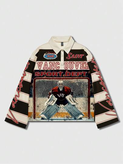 Street Life Men's Printed Long Sleeve Striped Polo Collar T-Shirt, Casual College Style Top