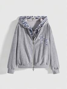 ROMWE Goth Cross & Leopard Print 2 In 1 Sweatshirt - Grey - View 4