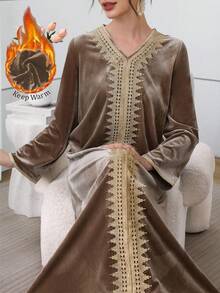 Al Najma Luxury Velvet Patchwork Embroidered Gold Trim Long Dress, Fall/Winter 2025 Kaftan Jalabiya Dress - Camel - View 1