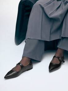 Mnmlis New Autumn Mary Jane Flats With Pointed Toe And Buckle Strap - Black - View 7