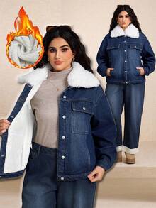 Elaquor Plus Size Denim Jacket With Thermal Lining, Fashion For Autumn/Winter - Medium Wash - View 5
