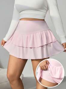 Comfortcana 大码女式迷你裙，纯色直筒荷叶边下摆，休闲日常款 - 淺粉色 - 查看 9