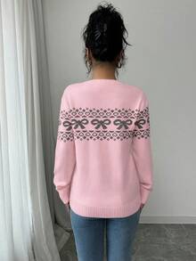 Elenzga Crew Neck Bow Decor Loose Fit Long Sleeve Women Sweaters - Pink - View 2
