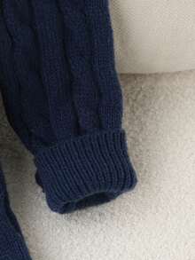 SHEIN 少女刺绣花卉圆领毛衣连衣裙，时尚、优雅、可爱蝴蝶结抽绳编织套头裙 - 藏蓝色 - 查看 4