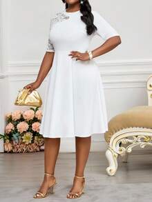 Fleurora 大码女士优雅派对纯色蕾丝拼接中长连衣裙，复活节礼服，女士毕业礼服，婚礼宾客礼服，女士度假波西米亚风邮轮服装，女士正式礼服