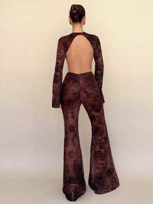 Roylia Women's Elegant Brown Floral Flocked Elastic Mesh Flare Leg Jumpsuit,See Through Lace Cutout 1 Piece Set For Autumn Night Out Jumpsuits - Brown - View 2