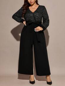 Comfylo Bộ đồ liền thân dài tay ống rộng cổ chữ V màu kim loại cỡ lớn thanh lịch dành cho nữ - màu đen - Xem 7