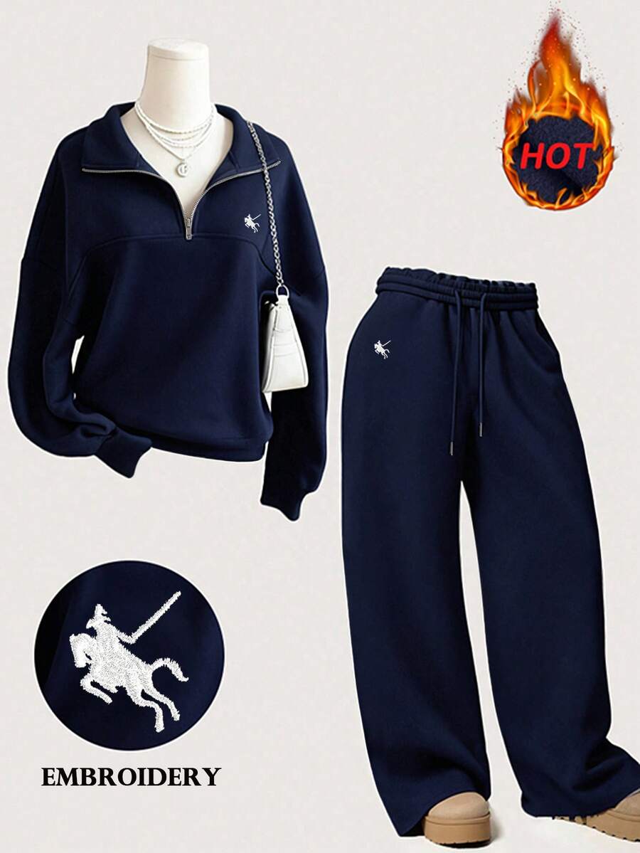 INAWLY 2pcs Women's Embroidered Gray Sweatshirt Set - Royal Blue - View 1