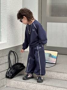 DAZY 男童字母印花圆领插肩袖卫衣和裤子休闲宽松套装 - 藏蓝色 - 查看 5