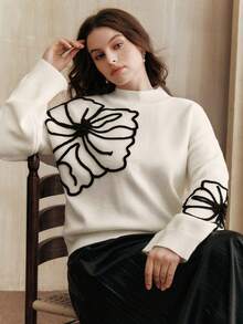 Anewsta Áo len chui đầu thêu hoa 3D thủ công màu trơn cỡ lớn, thích hợp cho mùa thu, đông, thường ngày, thanh lịch, trang trọng, tiệc tùng, thời trang, năm mới, giáng sinh, công sở, tốt nghiệp, đám cưới - trắng - Xem 3