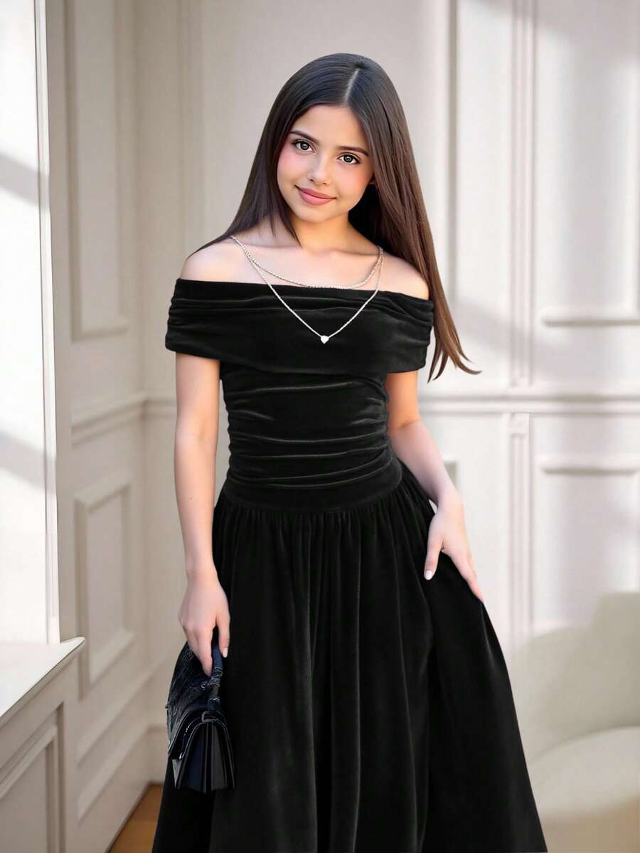 Váy dự tiệc dài trễ vai bằng nhung đen thêu hoa văn thanh lịch dành cho bé gái tuổi teen, thích hợp cho Giáng sinh, Halloween, năm mới - màu đen - Xem 1