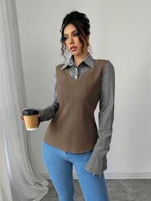 Elenzga Áo thun dài tay kẻ sọc tương phản thường ngày cho nữ, mùa thu - Màu Khaki - Xem 3