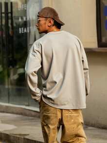 DAZY 男士米色圆领长袖休闲宽松T恤，秋季款 - 米色 - 查看 2