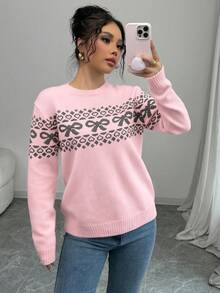 Elenzga Crew Neck Bow Decor Loose Fit Long Sleeve Women Sweaters - Pink - View 5