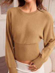 Hanevo Casual Round Neck Drawstring Waist Slim Fit Solid Color Knit Sweater, Versatile For Autumn/Winter - Camel - View 6