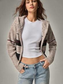 Hanevo Women's Retro Colorblock Striped Hooded Cardigan