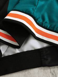 Coolqubz 1pc Teen Boy Casual Street Colorblock Baseball Jacket For Teenage Boys, Main Colors Are Orange, Navy, Green And Yellow, Decorated With Sports Elements Like Team Logo, Number "59" And "32", Stylish And Cool, Unisex Can Be Paired With White Tee And Dark Jeans - Multicolor - View 7