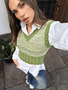 SHEIN Unity Chaleco de punto versátil y combinable con parches de colores contrastantes para mujer - Verde - Ver 7