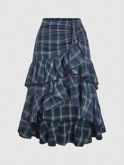 SHEIN MOD Plus Size Women Romantic Multi-Layered Ruffle Plaid Pleated Asymmetric Hem Skirt