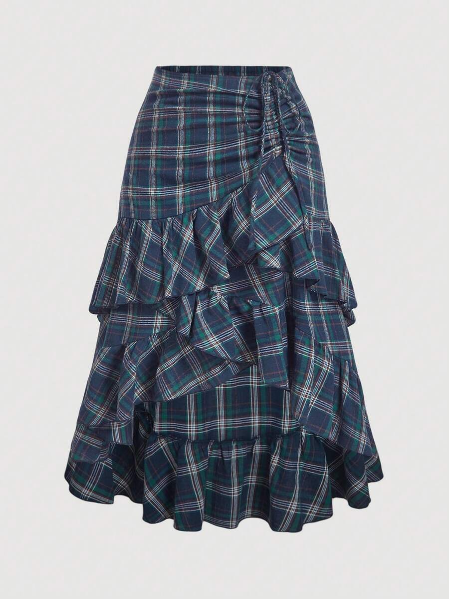 SHEIN MOD Plus Size Women Romantic Multi-Layered Ruffle Plaid Pleated Asymmetric Hem Skirt - Multicolor - View 1