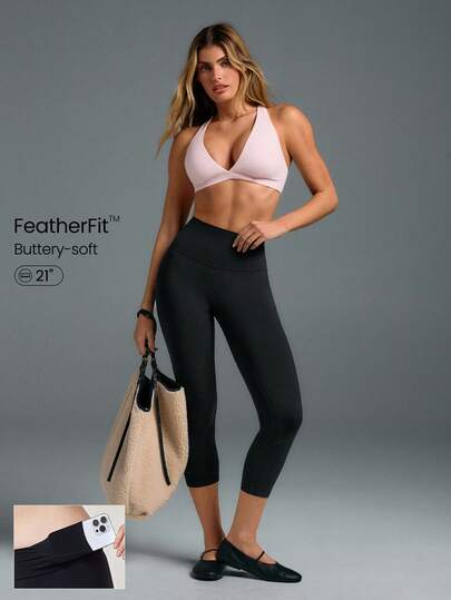 21" FeatherFit™ Capris Yoga Leggings Buttery Soft Non See-Through Tummy Control Gym Tights   With Hidden Pocket At Waist Fall Winter