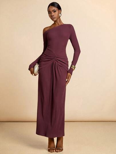 Vesra Women's Solid Color Elegant Ruched Long Dress With Asymmetrical Shoulder