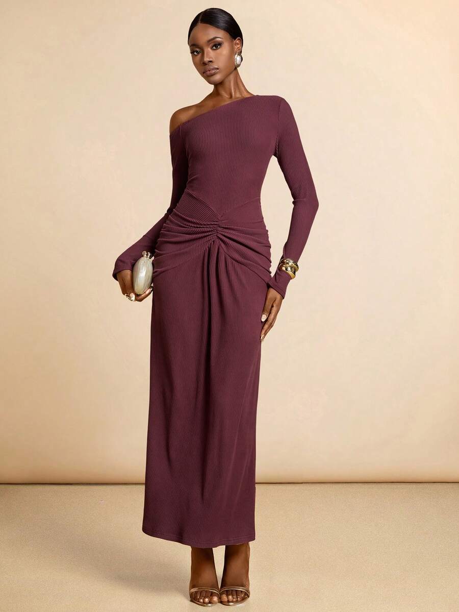 Vesra Robe longue élégante à fronces de couleur unie avec épaule asymétrique pour femmes - Tabac - Voir 1